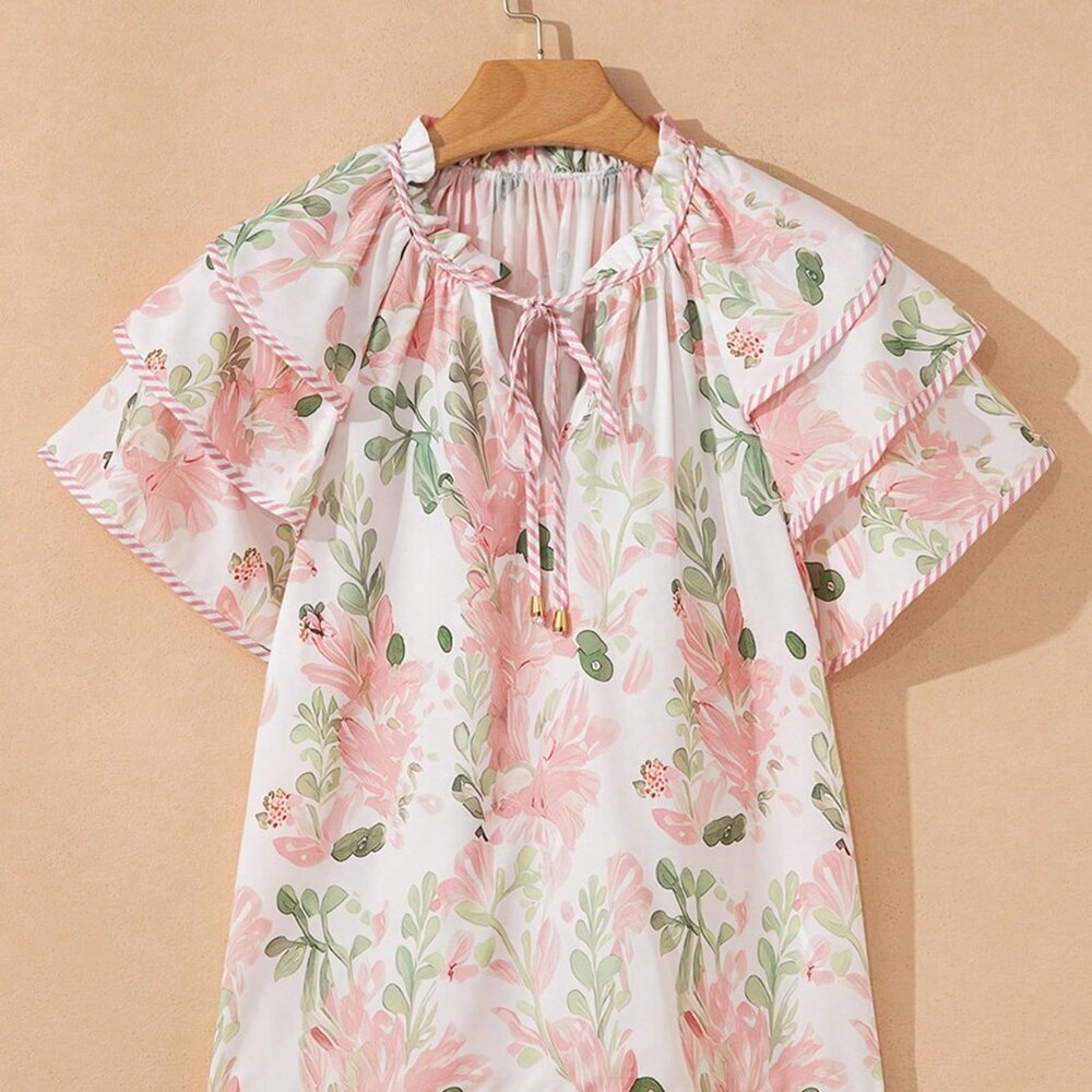 Multicolor Boho Printed Women's Striped V-Neck Ruffle Blouse - Picture 2 of 6